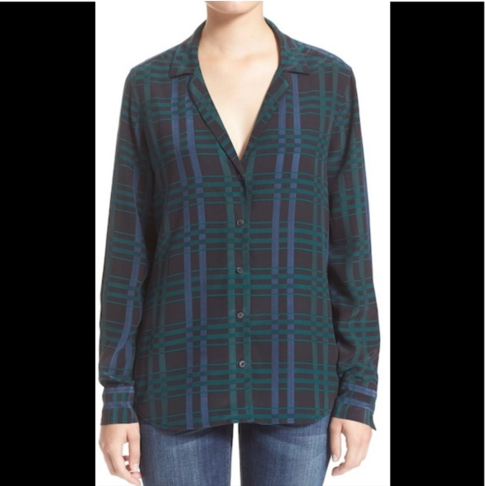 Equipment Silk Blue and Green Plaid Button Down Shirt With Notched Collar